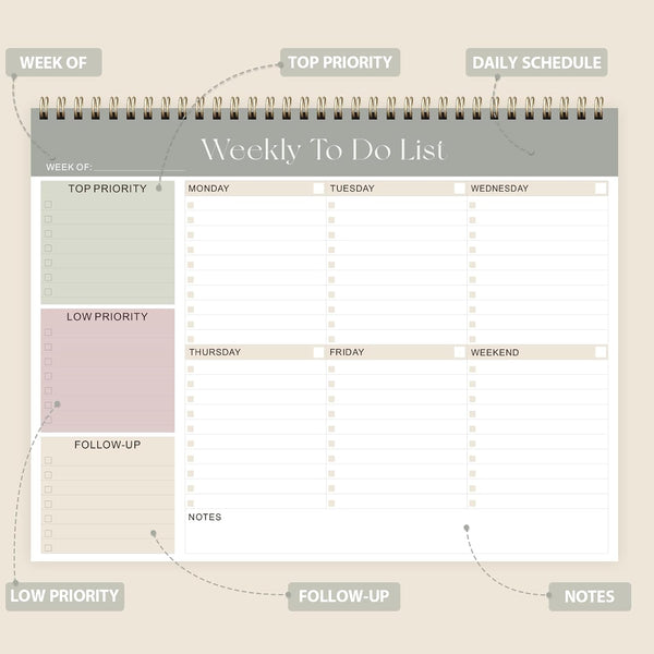 Weekly to Do List Notepad, Undated Planner with 52 Sheets (8.5''X11''), Desk Weekly Planner for Women & Man, Home School & Work-Green