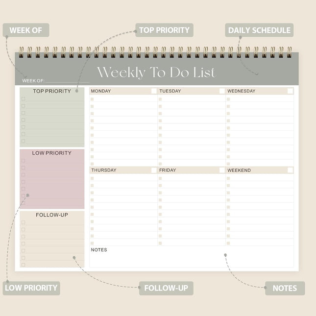 Weekly to Do List Notepad, Undated Planner with 52 Sheets (8.5''X11''), Desk Wee