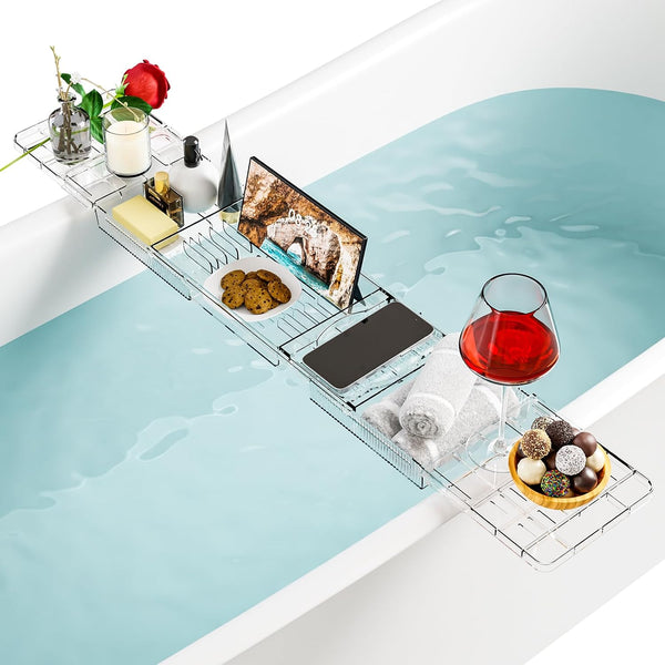 Yieach Iuxury Bathtub Trays for Tub,Expandable Bath Shelf over Tub,Clear Bath Table,Bath Board,Bath Caddy Tray and Bath Tub Accessories for Women