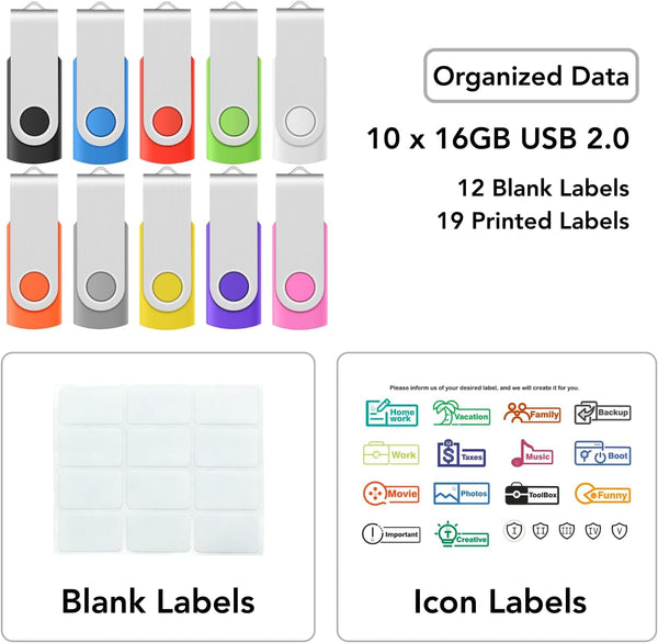 Professional 10-Pack of Enfain 16GB Multicolor USB 2.0 Flash Drive 10 Pack | Swivel Thumb Drives with 31 Labels | Gift-Ready Packaging for