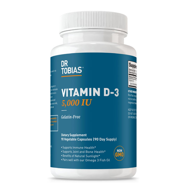 Dr. Tobias Vitamin D3 5000 IU, Essential for Healthy Bones, Teeth, and Immune System, Extra Strength Vitamin D Supplement, Non-GMO, 90 Capsules,