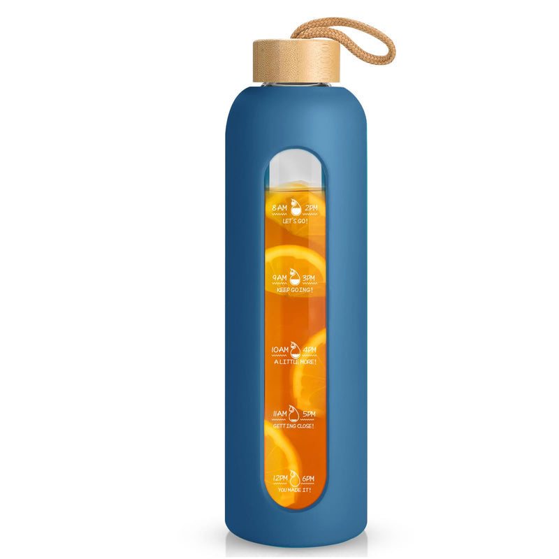 Sursip 32 Oz Glass Water Bottle with Time Marker,1 Liter Bpa-Free Reusable Motivational Water Bottle with Non-Slip Silicone Sleeve and Bamboo Lid,