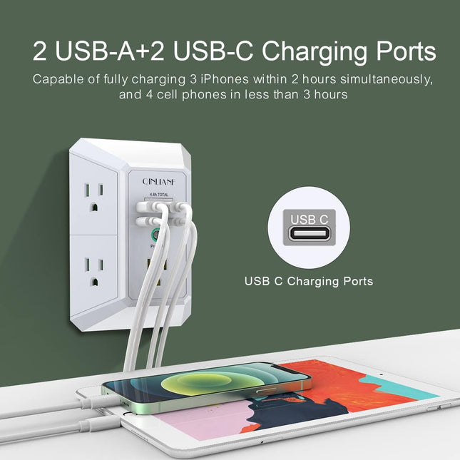 USB Wall Charger, Surge Protector, QINLIANF 5 Outlet Extender with 4 USB Charging Ports (4.8A Total) 3-Sided 1680J Power