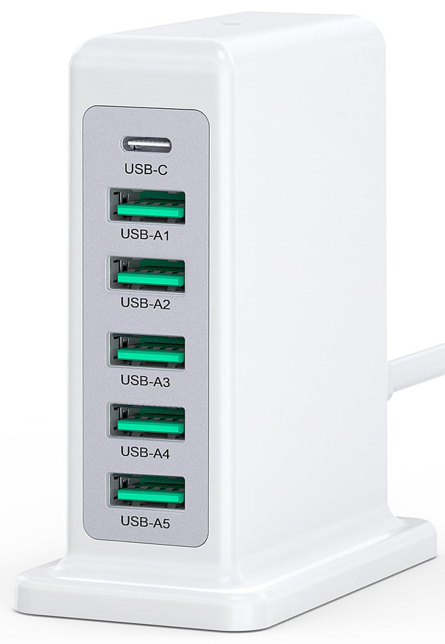 Charging Station for Multiple Devices, 45W 6 Port USB Charger Charging Block with 1 USB-C 5 USB-A Port, Power Strip Plug