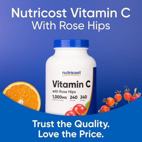 Nutricost Vitamin C with Rose HIPS 1025Mg, 240 Capsules - Vitamin C 1,000Mg, Rose HIPS 25Mg, Premium, Non-Gmo, Gluten Free Supplement
