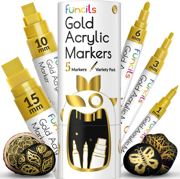 5 Acrylic Gold Paint Pen Metallic - Gold Marker Metallic Paint for Wood, Fabric, Canvas, Leaf, Tire, Metal, Glass - Gold Paint Pen Fine Tip, Thin Point & Jumbo (1Mm, 3Mm, 6Mm, 10Mm, 15Mm)