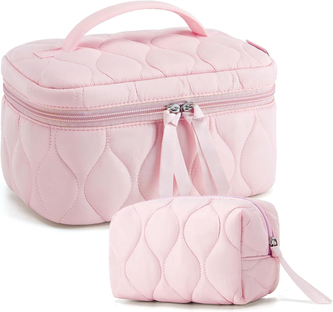 BAGSMART Travel Makeup Bag, 2-Piece Puffy Quilted Cute Make up Bag Cosmetic Bags for Women, Large Wide-Open Toiletry Pouch Gifts for Toiletries Accessories Travelling Essentials, Pink