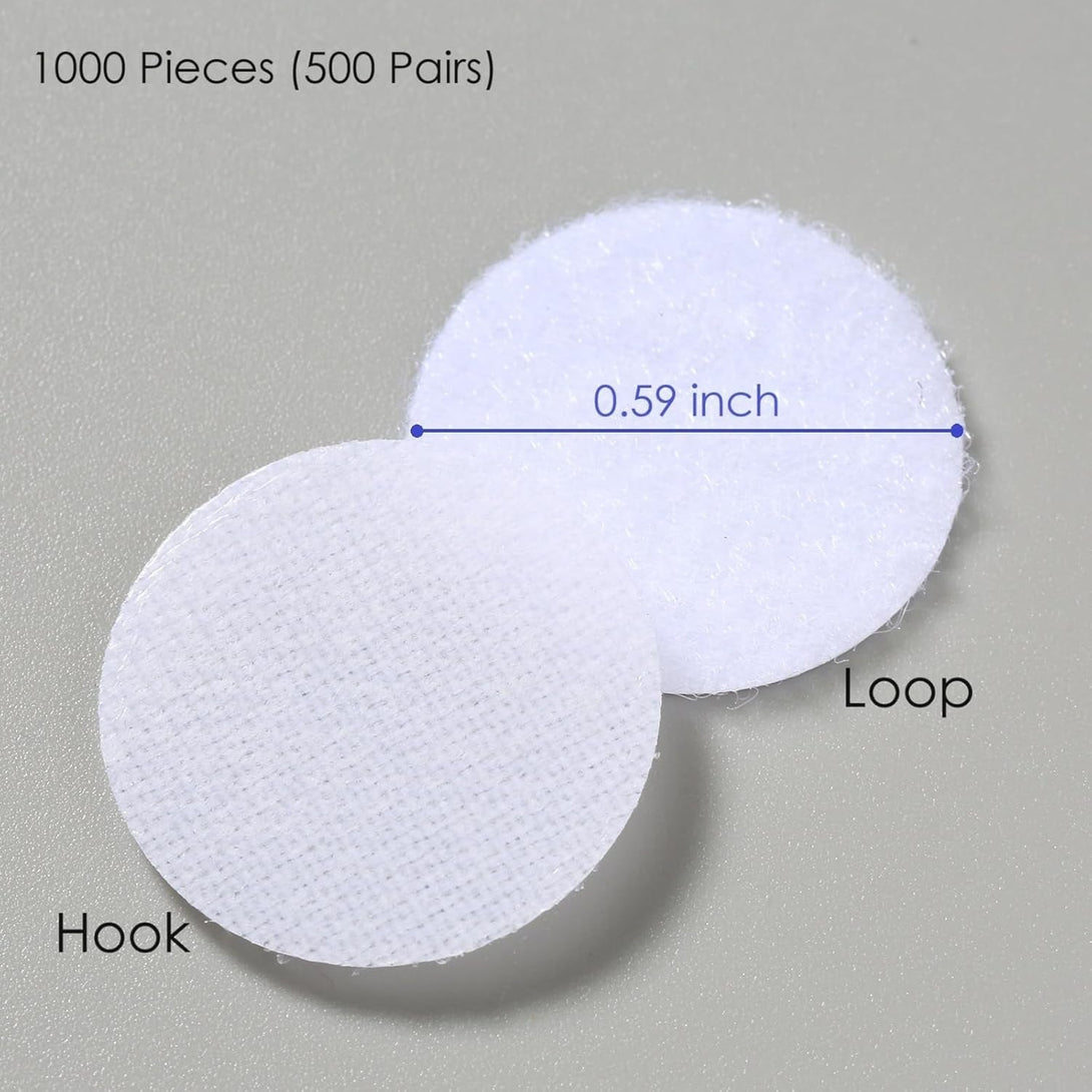 1000 Pcs (500 Pairs) 0.59Inch Diameter Hook and Loop Fastener Self Adhesive round Circle Sticky Sticker Dots for Arts and Crafts School Classroom Home and Office Use, White