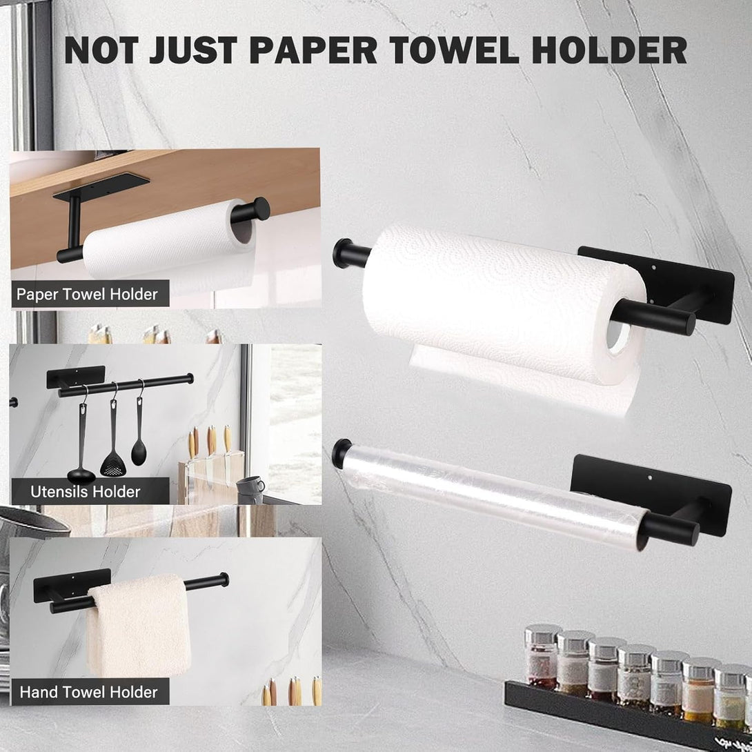 Paper Towel Holder under Cabinet Wall Mount,Self Adhesive and Drilling Paper Towel Holders,Sus304 Stainless Steel Paper Towel Roll Rack,Black Paper Roll Holder for Kitchen Bathroom Home Essentials