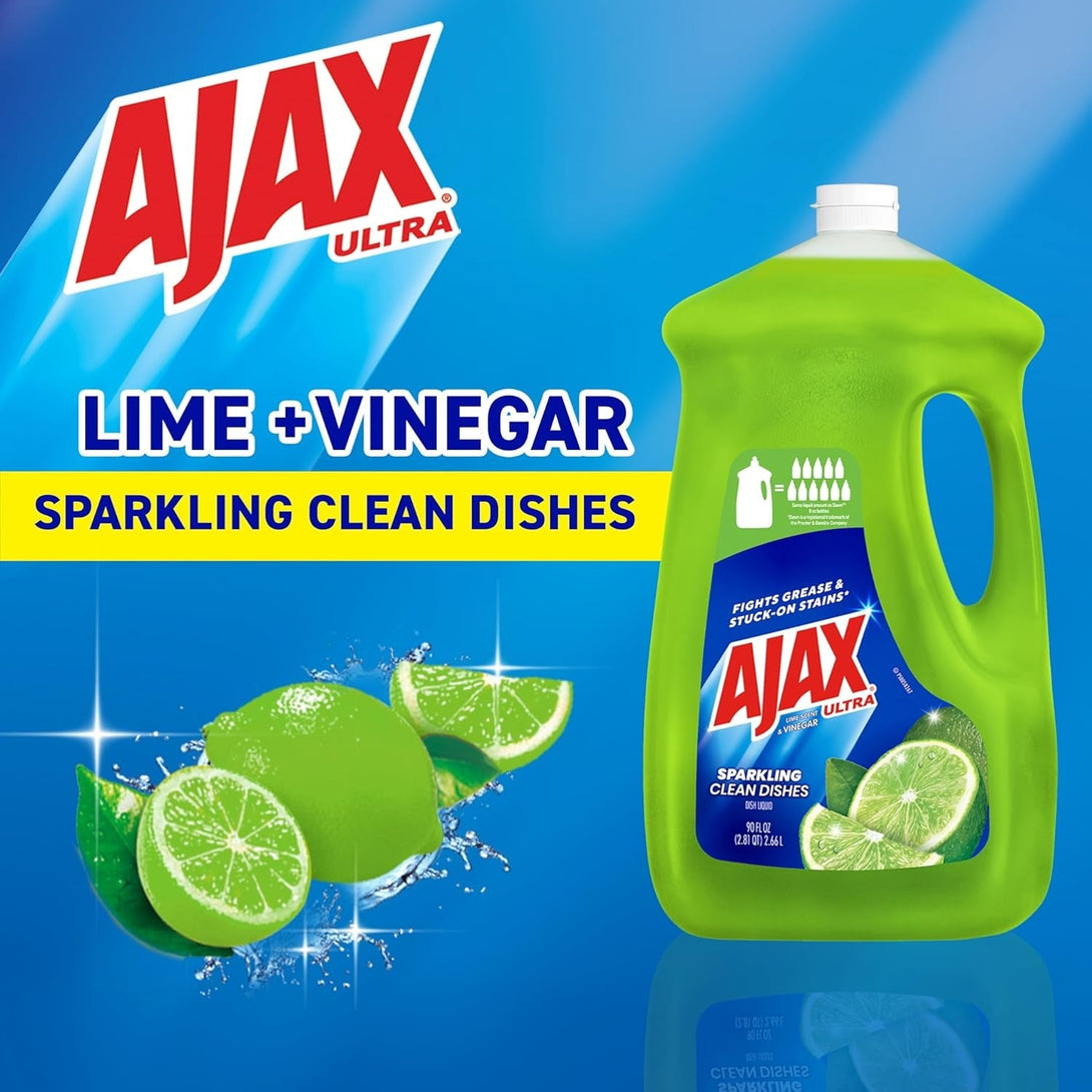 Ajax Ultra Liquid Dish Soap Vinegar and Lime Scent, Sparkling Clean Dishes, 90 Fl Oz Bottle