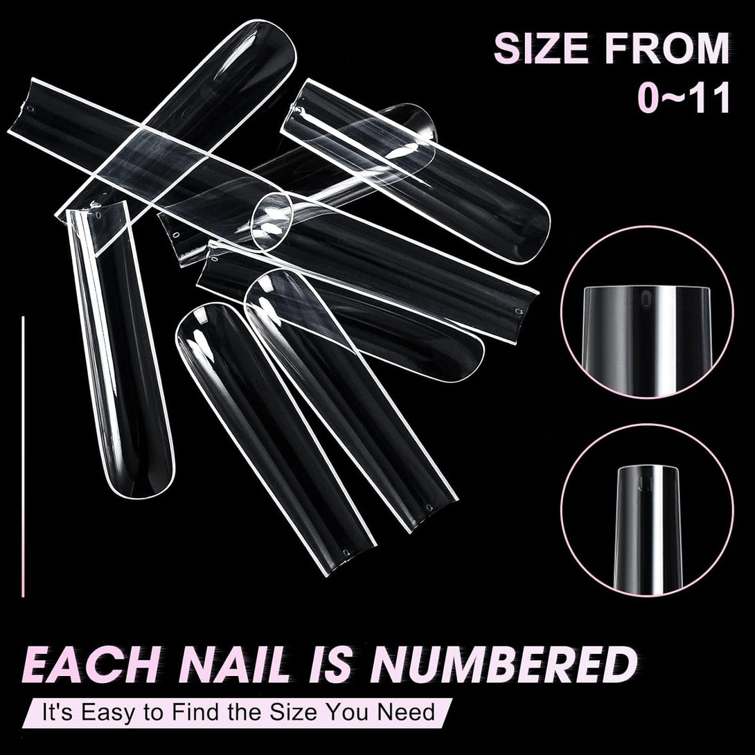 AORAEM Extra Long Square Full Cover Nail Tips 240PCS XXXL Clear Full Cover Fake Nails False Nails 12 Sizes Tapered Square Press on Fake Nail Tips for Acrylic Nails Salons Home DIY with Box