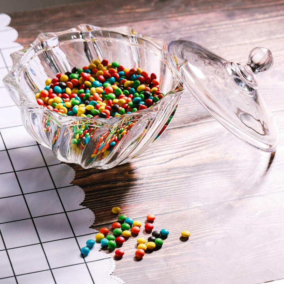 Comsaf Glass Candy Dish with Lid, 30OZ Large Jar for Office Desk, Covered Dish, Decorative Cute Container, Jewelry Box for Wedding Party Buffet Decor
