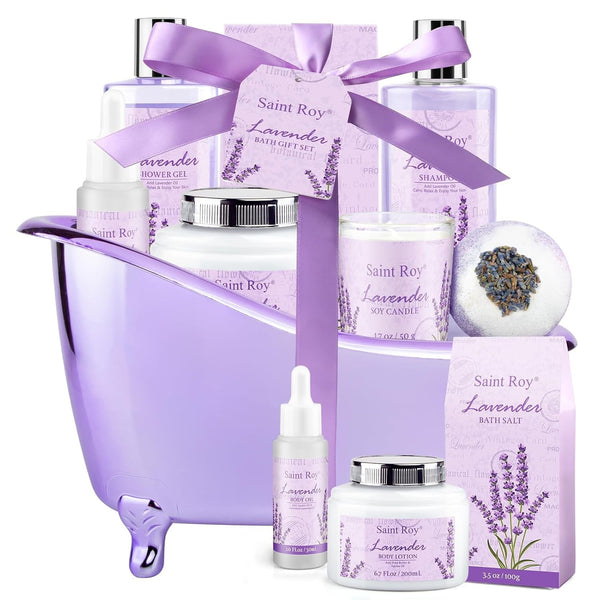 Lavender Scented Gifts for Mom Spa Gift Baskets for Women - Spa Baskets for Women Gift Lavender Gifts for Women, Bath Set with Shower Gel, Home Spa Kit Gifts for Her, Christmas, Mothers Day