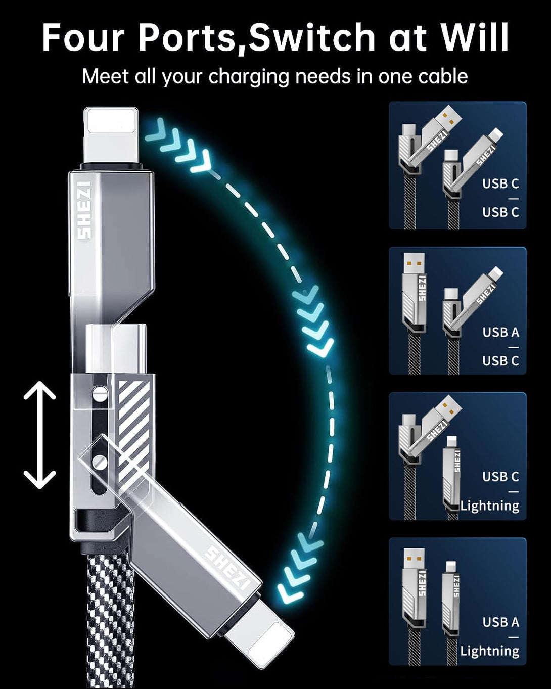 [Upgraded 2.0] SHEZI 4-In-1 USB C Cable 60W 5FT Lightning Cable MFI Certified [Fast Charging & Data Sync] Flat Braided Multi Charger Cord Combo with Lightning/Usb C/A Port for Iphone/Ipad &All Devices