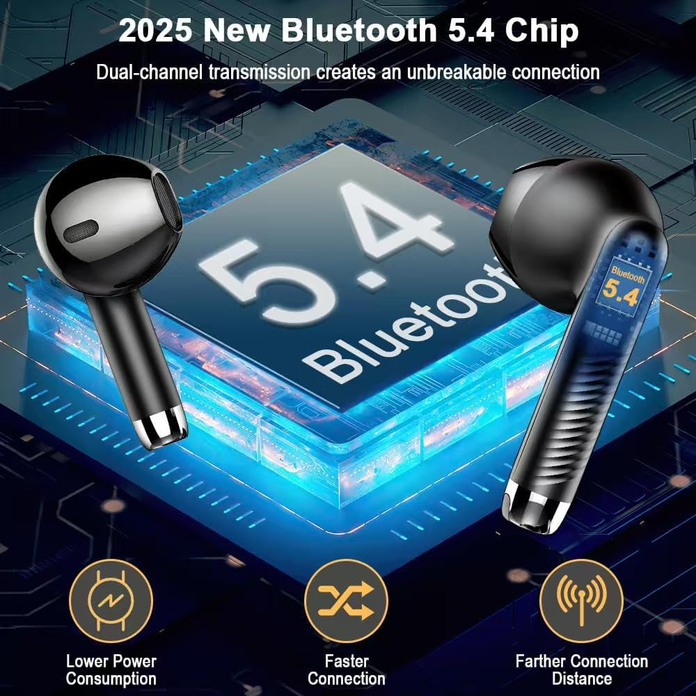 Wireless Earbuds, Bluetooth Headphones V5.4 Stereo Bass Ear Buds with ENC Noise Cancelling Mics,56H Bluetooth Earbuds with LED Display Charging Case, IP7 Waterproof Earphones for Android Ios, Black