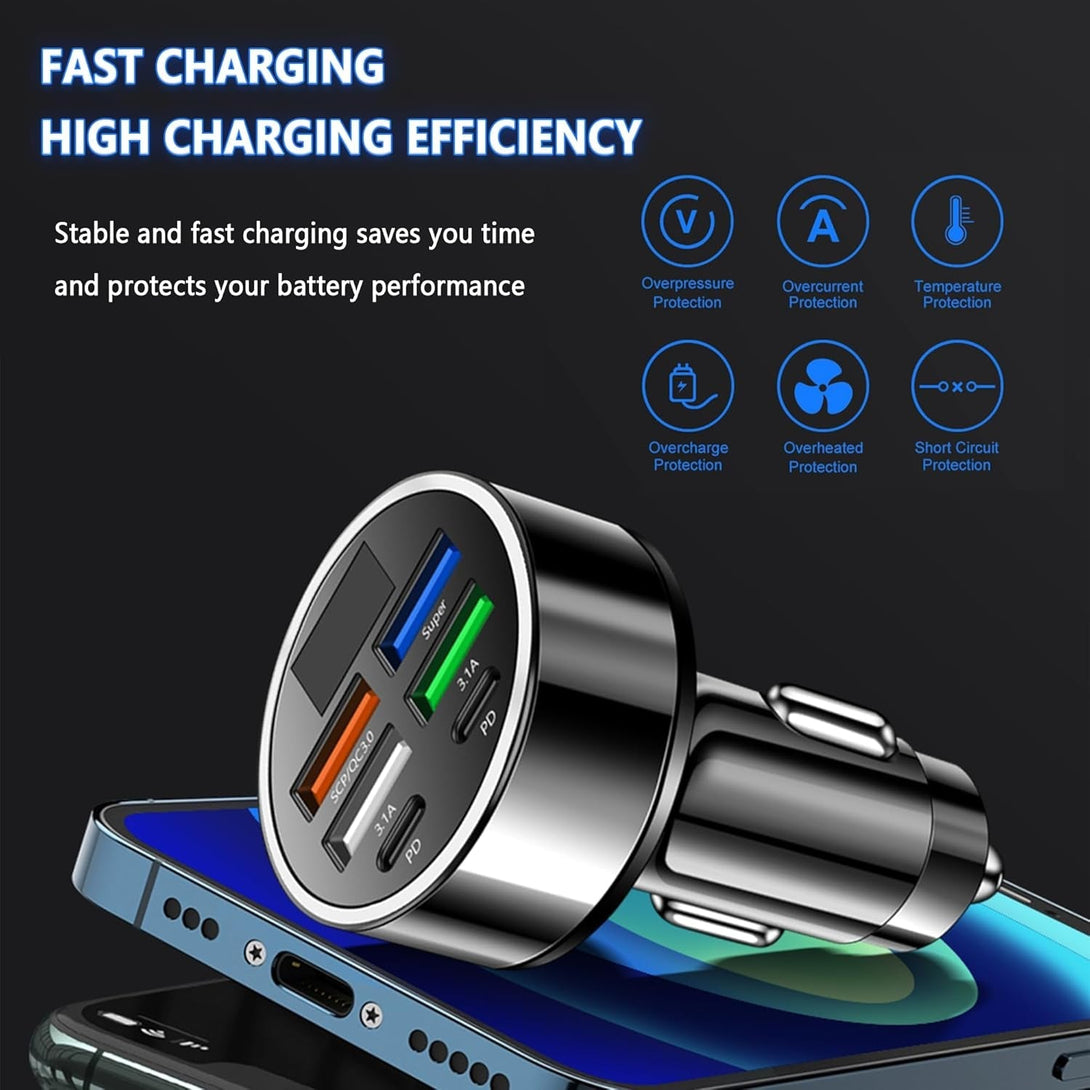 6 Ports Fast Car Charger with Voltage Monitor,Car Cigarette Lighter USB Charger (PD+QC3.0) Compatible with Iphone13/14/15 & Most Android Models,Car Must Haves USB C Car Charger (1PCS)