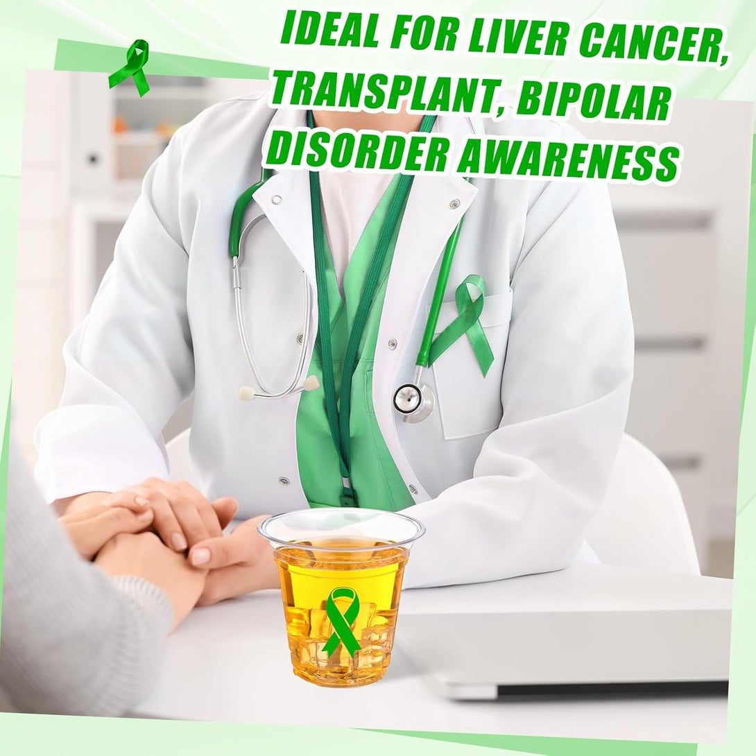 Baderke 50 Pcs Mental Health Awareness Green Ribbon Plastic Cups Bulk Disposable 12Oz Liver Cancer Awareness Plastic Cups for Transplant Bipolar Disorder Environment Issue