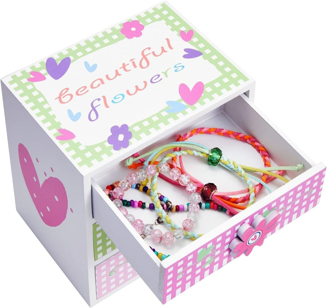Juvale Small Floral Jewelry Box for Little Girls Aged 4 to 13 - Kids Wooden Organizer with 3 Drawers for Necklaces and Earrings
