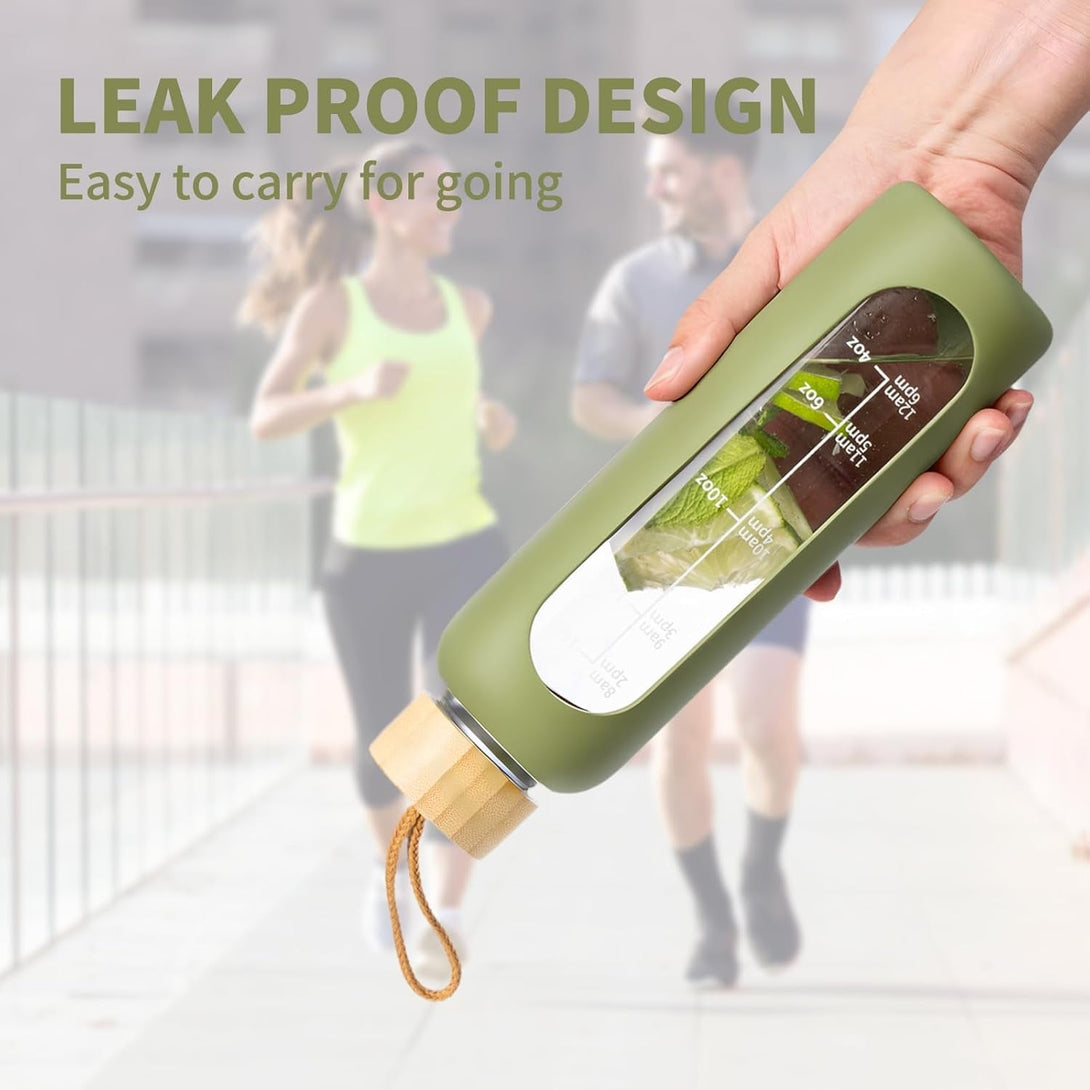 18 OZ Glass Water Bottles, Water Bottle with Time Marker, Leakproof Glass Water Bottles with Silicone Sleeves, Suitable for Offices and Gyms. (Green)