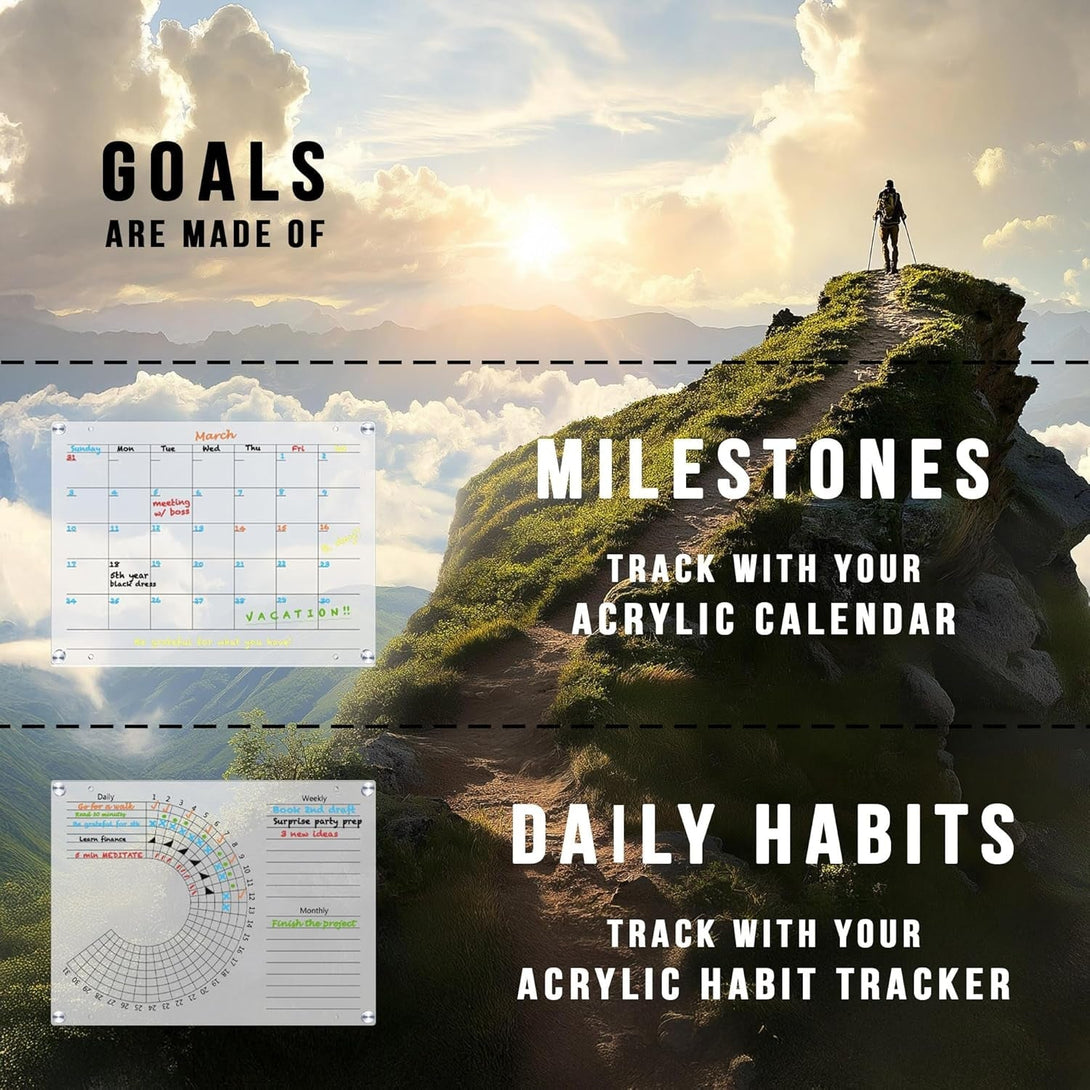Acrylic Calendar and Habit Tracker Set - Clear Magnetic Calendar for Fridge - Clear Magnetic Planner for Refrigerator - Acrylic Dry Erase Board for Wall with Pens, Holder, Eraser - the Goal Tracker
