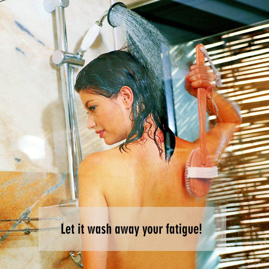 Shower Brush Bath & Dry Skin Body Brushing with Long Bamboo Detachable Hand & Soft Boar Bristle for Back Scrubber