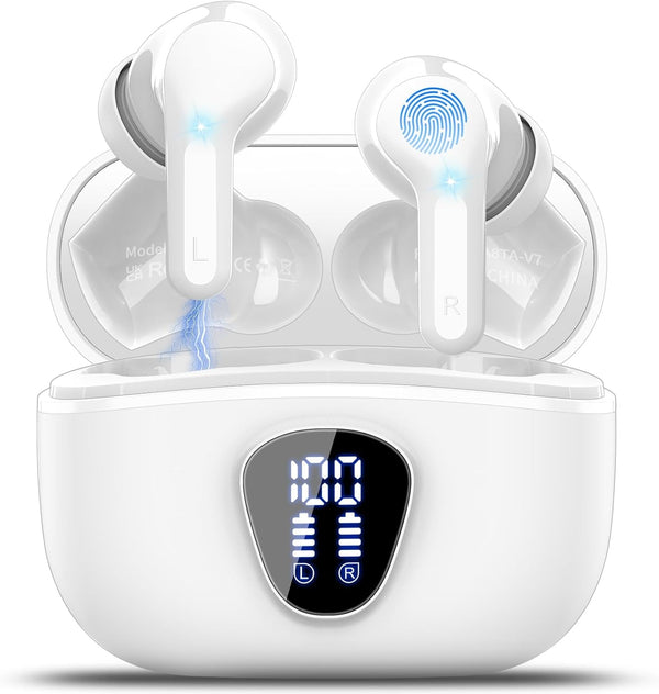 Wireless Earbuds Bluetooth 5.3 Headphones, 40H Playback Hifi Stereo Ear Buds with LED Display, ENC Noise Cancelling Earbuds, IP7 Waterproof In-Ear Earphone for Ios Andriod Sport/Workout/Running/White