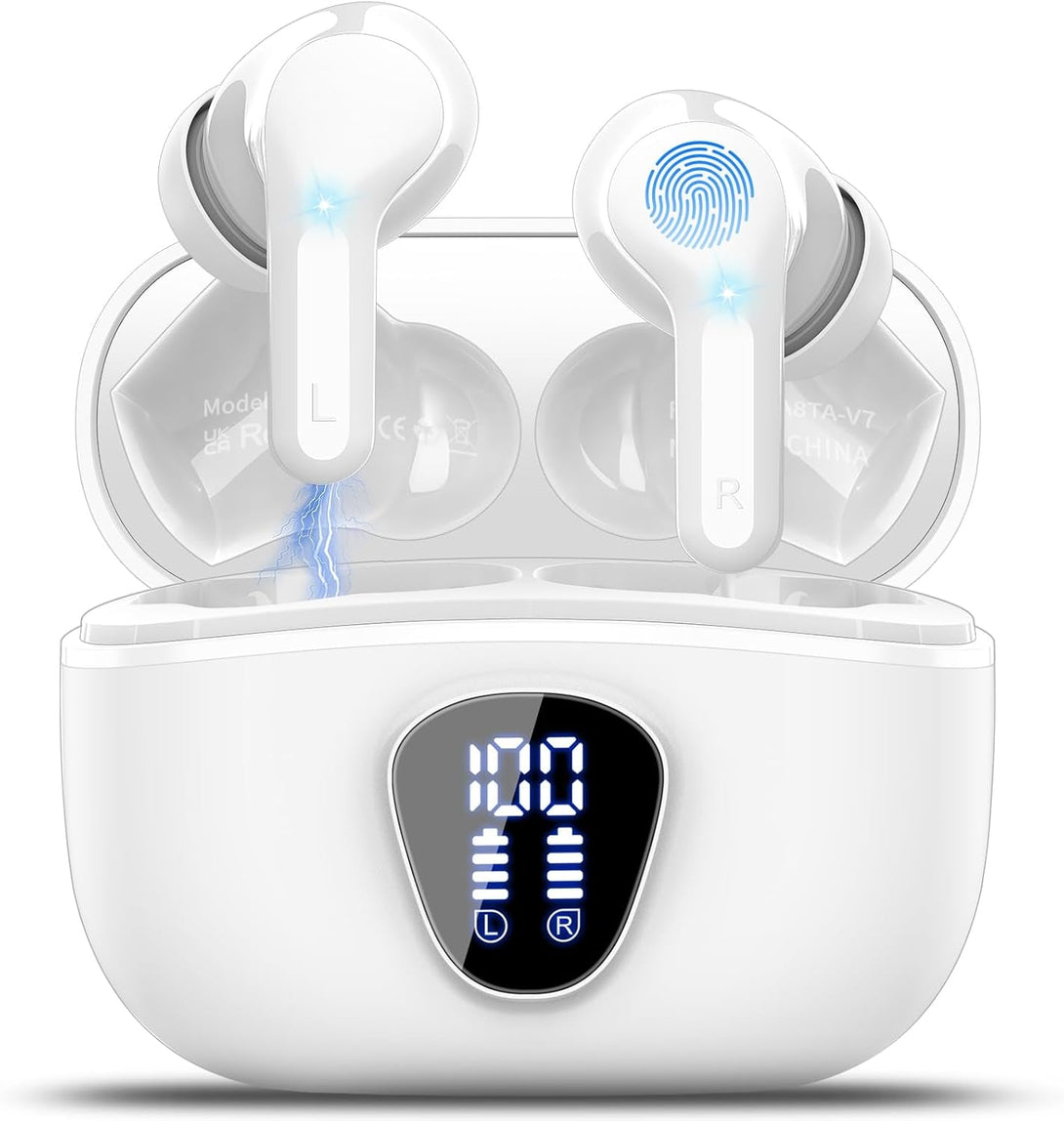Wireless Earbuds Bluetooth 5.3 Headphones, 40H Playback Hifi Stereo Ear Buds with LED Display, ENC Noise Cancelling Earbuds, IP7 Waterproof In-Ear Earphone for Ios Andriod Sport/Workout/Running/White
