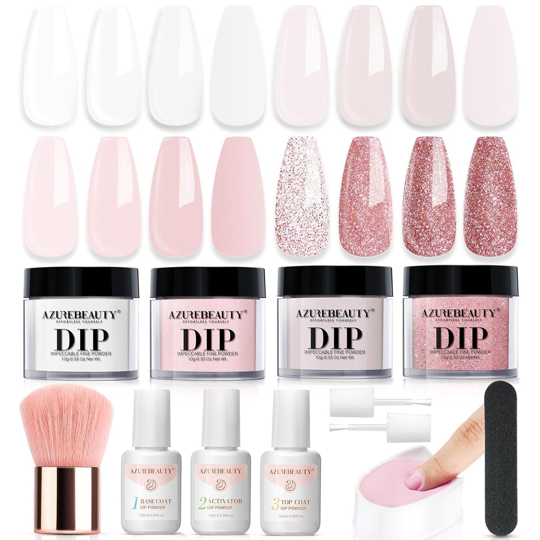 AZUREBEAUTY 4 Colors Dip Powder Nail Kit Starter, Transparent Nude Neutral Pink Glitter, Dipping Powder Set All Seasons, French Nail Art Base Top Coat Activator Liquid Manicure DIY Salon 12 PCS
