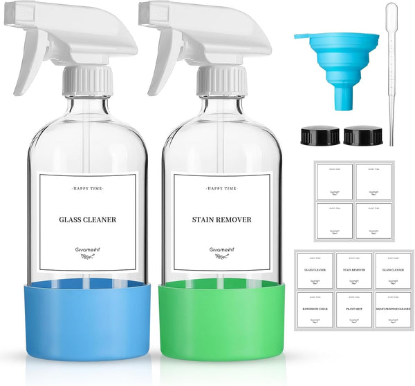 2 Pack Glass Spray Bottles with Silicone Sleeve,16Oz Clear Glass Spray Bottles Refillable Empty Bottle with Adjustable Nozzle,Spray Bottle for Essential Oils,Cleaning Solutions,Pets,Hair