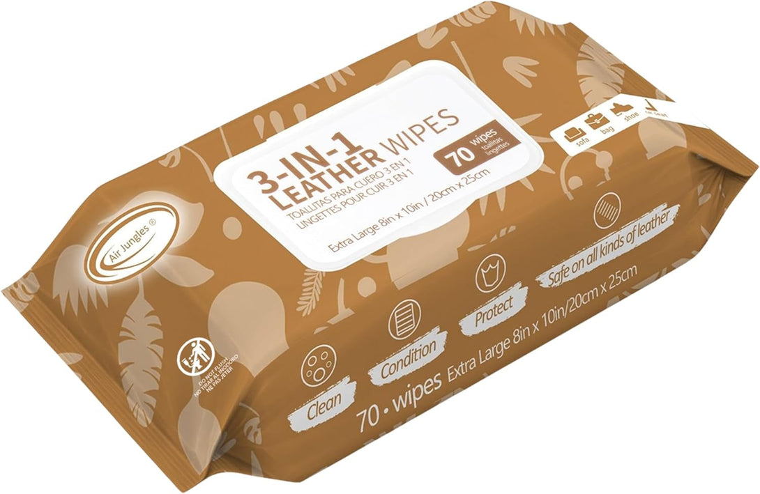 Air Jungles 3In1 Leather Cleaner Wipes 70 Count, Extra Large 8" X 10" Size, Clean Condition Protect Wipes for Vinyl and Leather Apparel Furniture Auto Car Interior Shoes Boots Bags