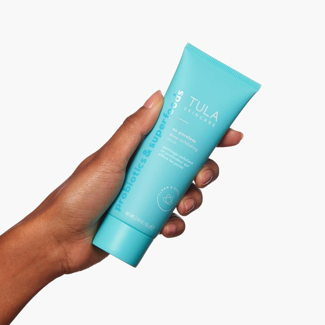 TULA Skin Care so Poreless Exfoliating Blackhead Scrub - Powerful and Gentle Exfoliation, Refreshing and Smoothing, Contains Probiotic Extracts, Volcanic Sand, Pink Salt, and Witch Hazel, 2.89 Oz.