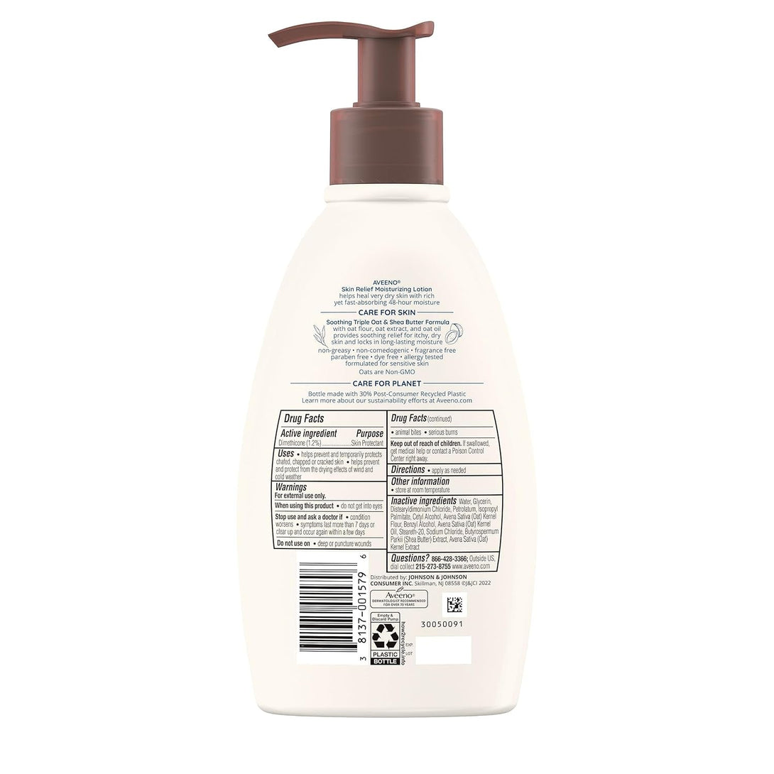 Aveeno Skin Relief Moisturizing Lotion for Very Dry, Itchy Skin with Soothing Triple Oat & Shea Butter Formula, Fragrance Free, 12 Fl. Oz