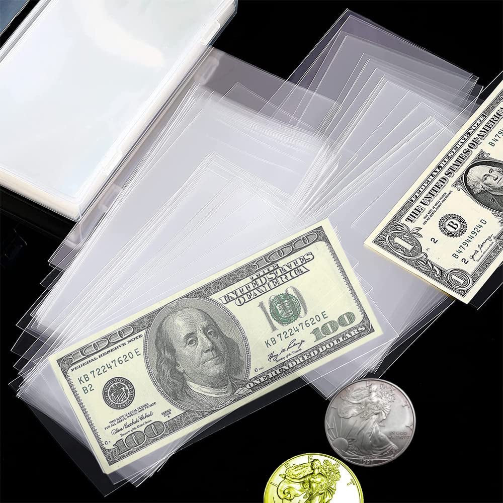 Currency Sleeves Clear Paper Money Holders for Cash Collectors,Money Box for Paper Dollar Bills, Slab Holder, Banknote, Stamp Storage (100)