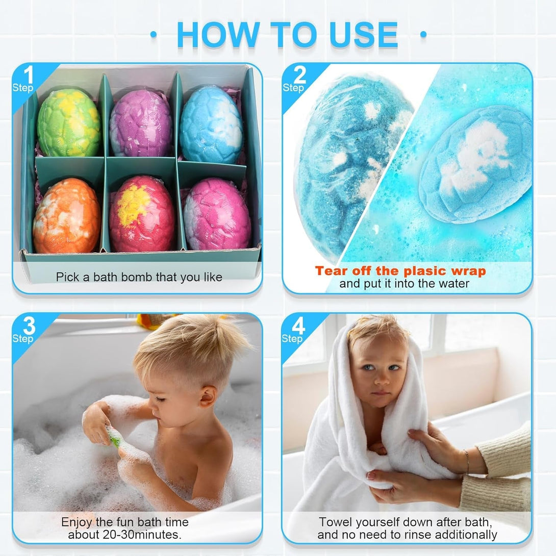 Bath Bombs for Kids with Surprise Inside, 6 Pack Big Kids Bath Bombs Gift Set, Organic Bubble Bath Fizzies with Dinosaur Egg Toys & Dinosaur Themed Mat, Birthday Gifts for Boys, Girls 3 4 5 6 7 8 9