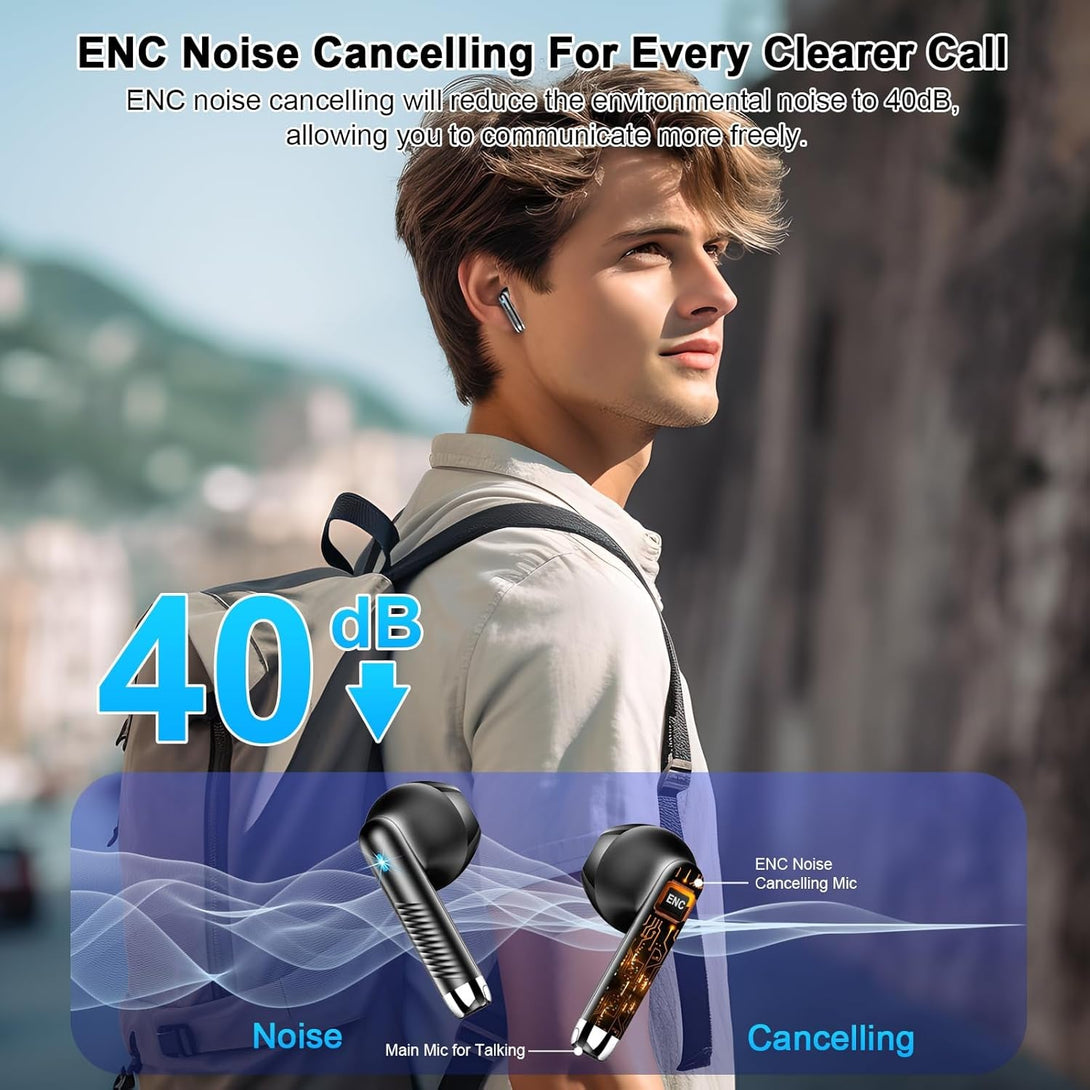 Wireless Earbuds, 2024 Bluetooth Headphones V5.3 Ear Buds Built-In ENC Noise Cancelling Mics, 40H Stereo Bass Bluetooth Earbuds with Dual LED Display, IP7 Waterproof Earphones for Android Ios, Black