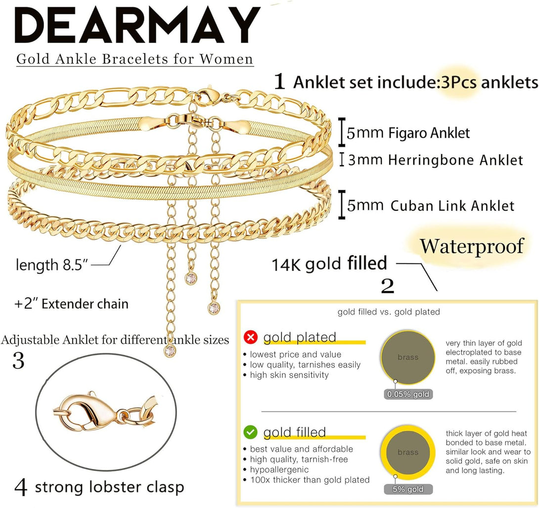 DEARMAY Gold Ankle Bracelets for Women, 14K Gold Anklets for Women Waterproof Cuban Link Anklets Set Layered Anklet Bracelets for Women Anklet for Women Gold Jewelry Gift