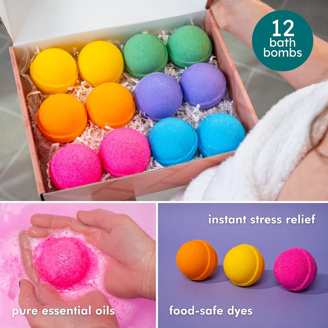 Anovina 12XL Bath Bombs Gift Set USA Made with Natural Essential Oils for Women & Kids – Aromatherapy Holiday Gifts Ideas. Mothers Day Gift Idea. Bath Bombs Gifts for Women Men and Kids