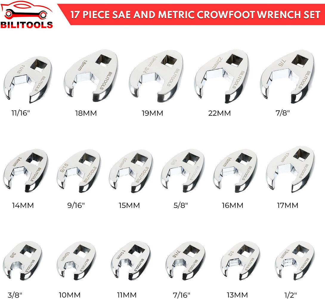 BILITOOLS Crows Foot Wrench Set, 3/8" Drive Crowfoot Flare Nut Cr-V Metric 10-22Mm & SAE 3/8"-7/8" | 17 Piece