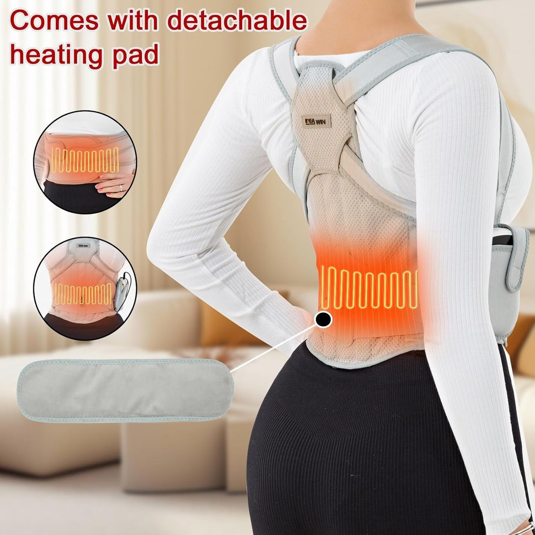 Back Brace Posture Corrector for Women and Men with Detachable Heating Pad - Adjustable Posture Corrector Belt, Relieve Pain in Upper and Lower Back, Waist, and Shoulders (Gray, Medium)