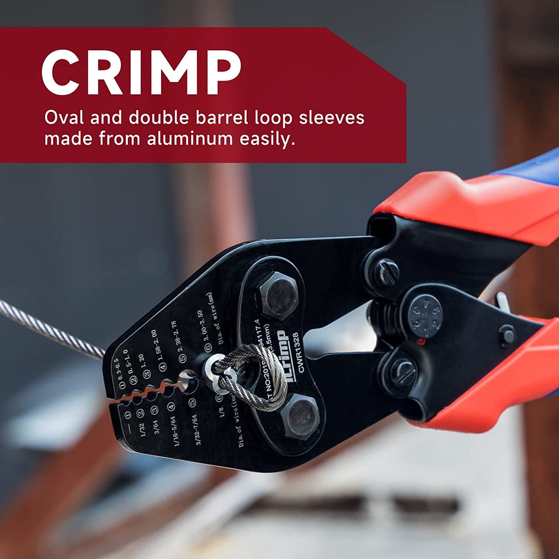 Icrimp Wire Rope Crimping Tool with Built-In Cutter for Cable Railing, Hand Swaging Tool for 1/32~1/8-Inch Aluminum Oval Sleeves,Double Barrel Ferrules