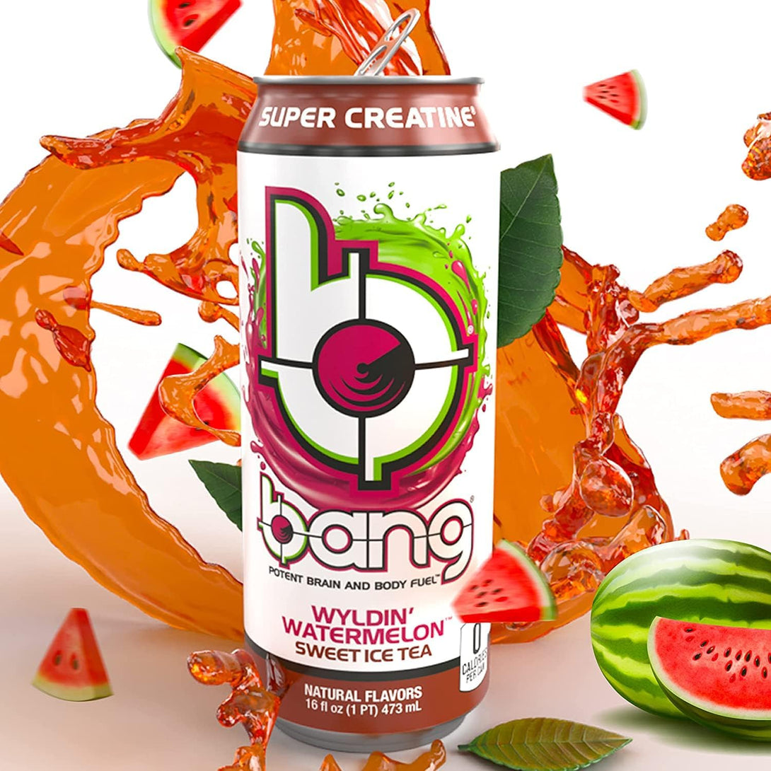 Bang | Potent Brain & Body Fuel - Creatine, EAA Aminos, Ultra Coq10; Pre and Post Workout; Sugar Free, Zero Calories; Energy & Performance | Wyldin' Wateremelon Sweet Ice Tea, (12) Cans