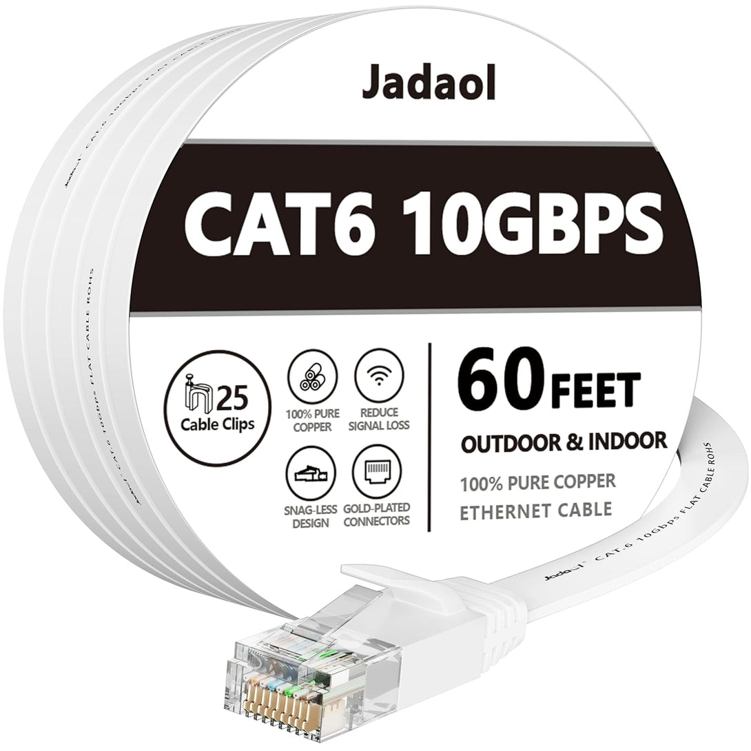 Cat 6 Ethernet Cable 60 Ft, Outdoor&Indoor, 10Gbps Support Cat8 Cat7 Network, Slim Long Flat Internet LAN Patch Cord, Cat6 Fast Speed Weatherproof Cable for Router, Modem, PS4/5, Xbox, Gaming, White