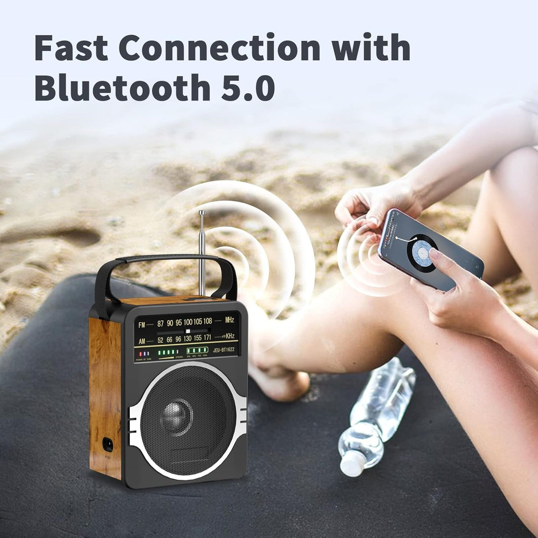 Portable AM FM Radio, Bluetooth 5.0 Radios 5 Watts Loud Speaker,Fm Radio Built-In Rechargeable Battery/Dc D*4 Cell Battery Operated & AC Power Plug in Wall Retro