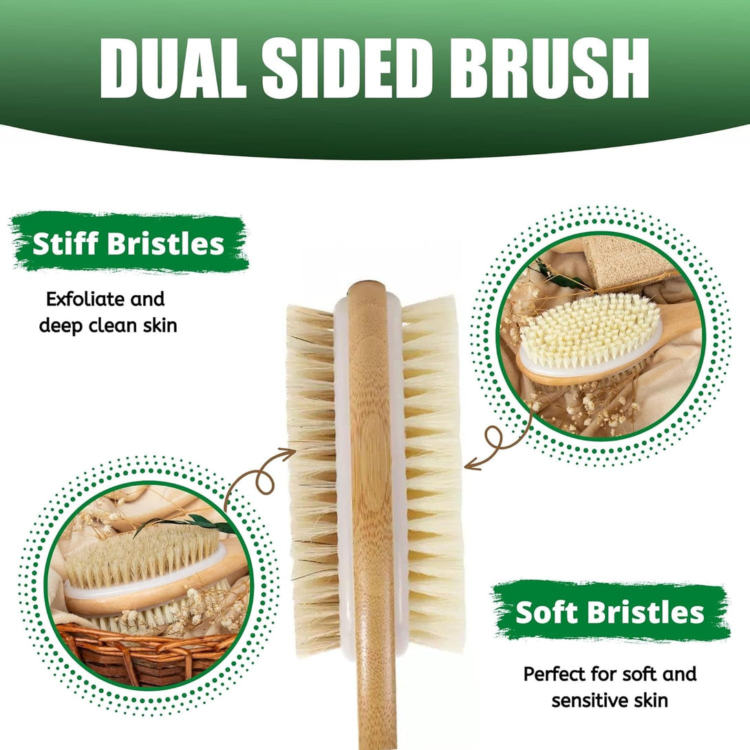 Back Scrubber, 43Cm Long Wooden Double-Sided Shower Body Brush with Soft and Stiff Bristles for Exfoliating Skin