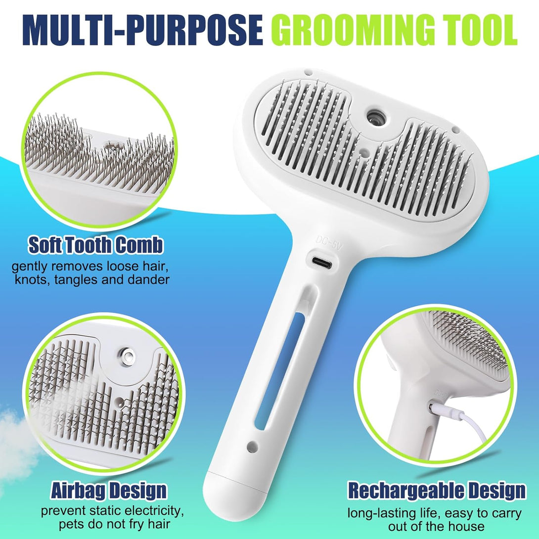 Spritz Defur 3-In-1 Rechargeable Cat Grooming Brush - Steamy Hair Cleanser with Release Button, Self-Cleaning Electric Steamer, USB Port