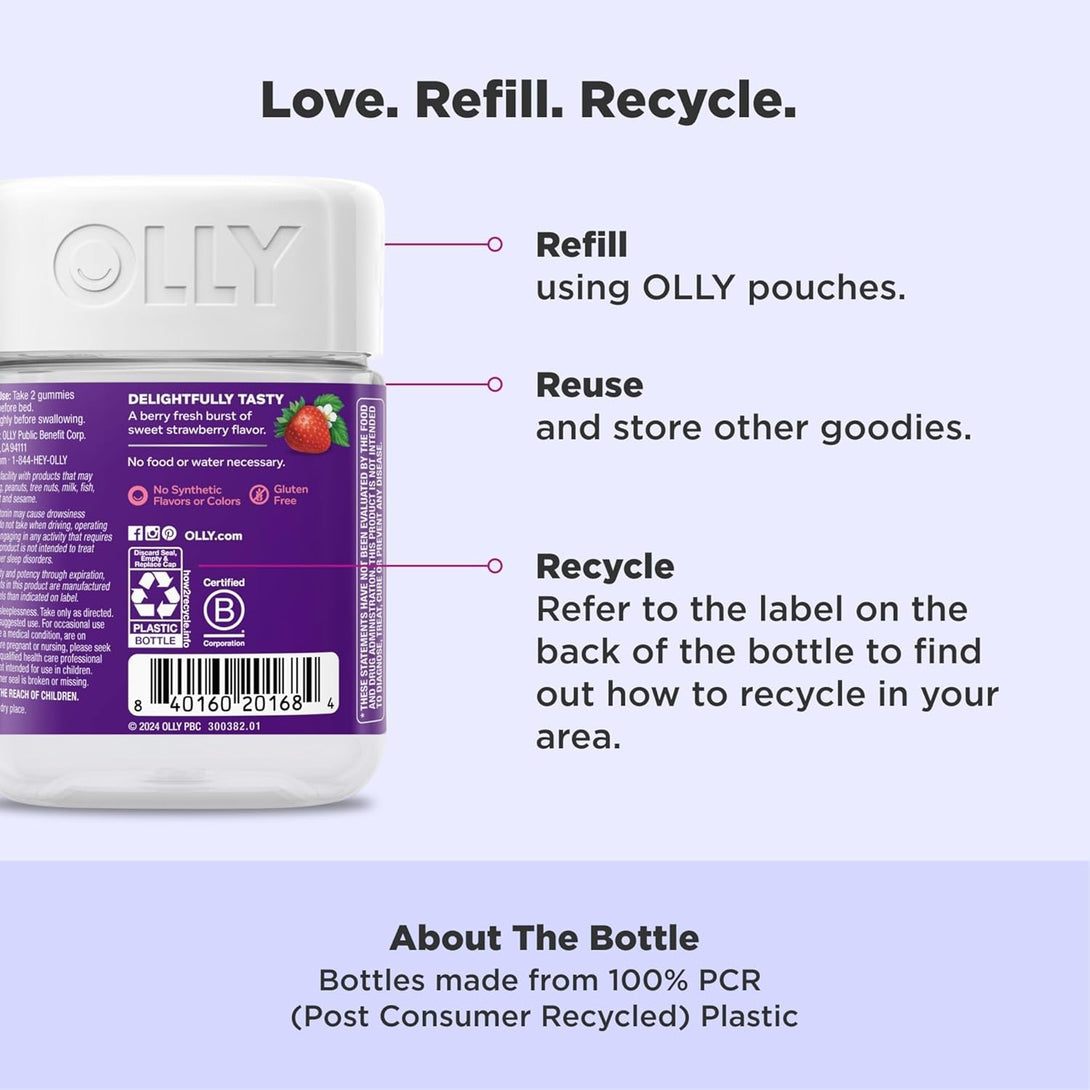 OLLY Sleep Gummy, 3 Mg Melatonin, L-Theanine, Chamomile, Lemon Balm, Sleep Aid, Strawberry, 60 Count