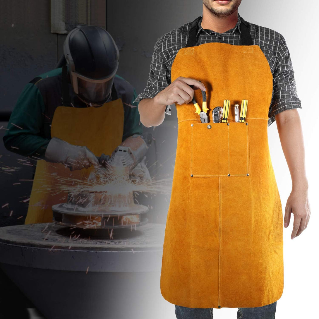 Leather Welding Apron, Flame & Spark Resistant Bib, Safety Smock, Protective Clothing Gear for Blacksmiths, Welders & Woodworkers, 23X35 Inches