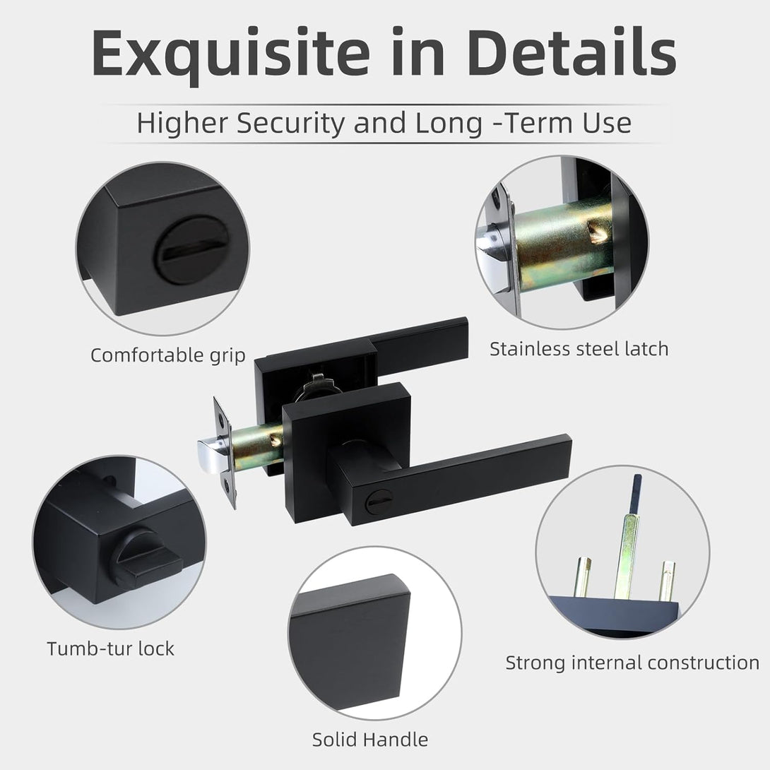 JO.KO Keyless Entry Door Lock, Square Door Lever for Bedroom, Passage Door Privacy Locking Interior/Exterior Entry Door Knob/Heavy Duty