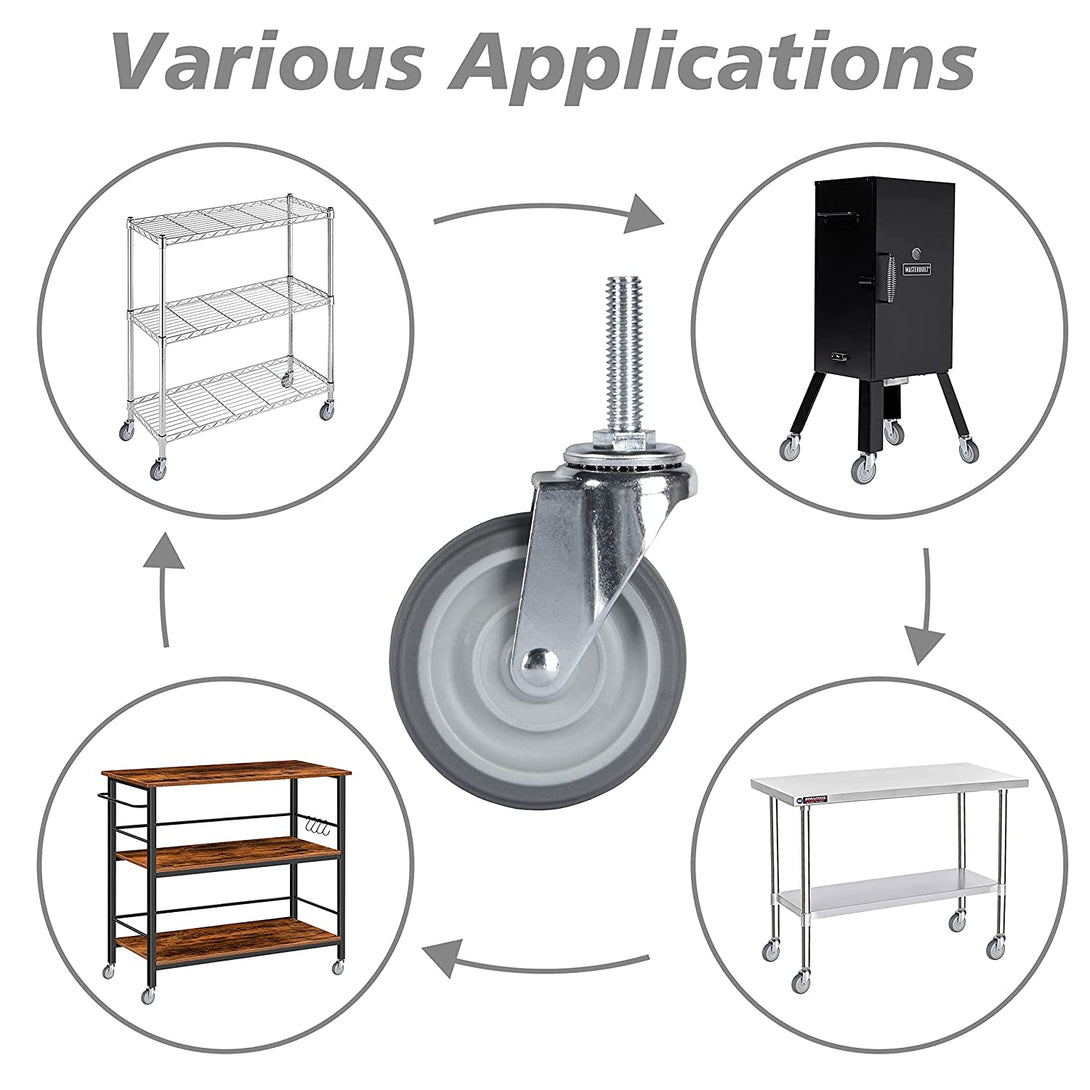 Finnhomy Caster Wheels 3 Inch Set of 4 Heavy Duty Threaded Stem Casters 3/8"-16 X 1-1/2" Swivel Rubber Industrial Castors Premium Wheels for Wire Shelving/Furniture/Carts Load Bearing 720 Lbs Gray
