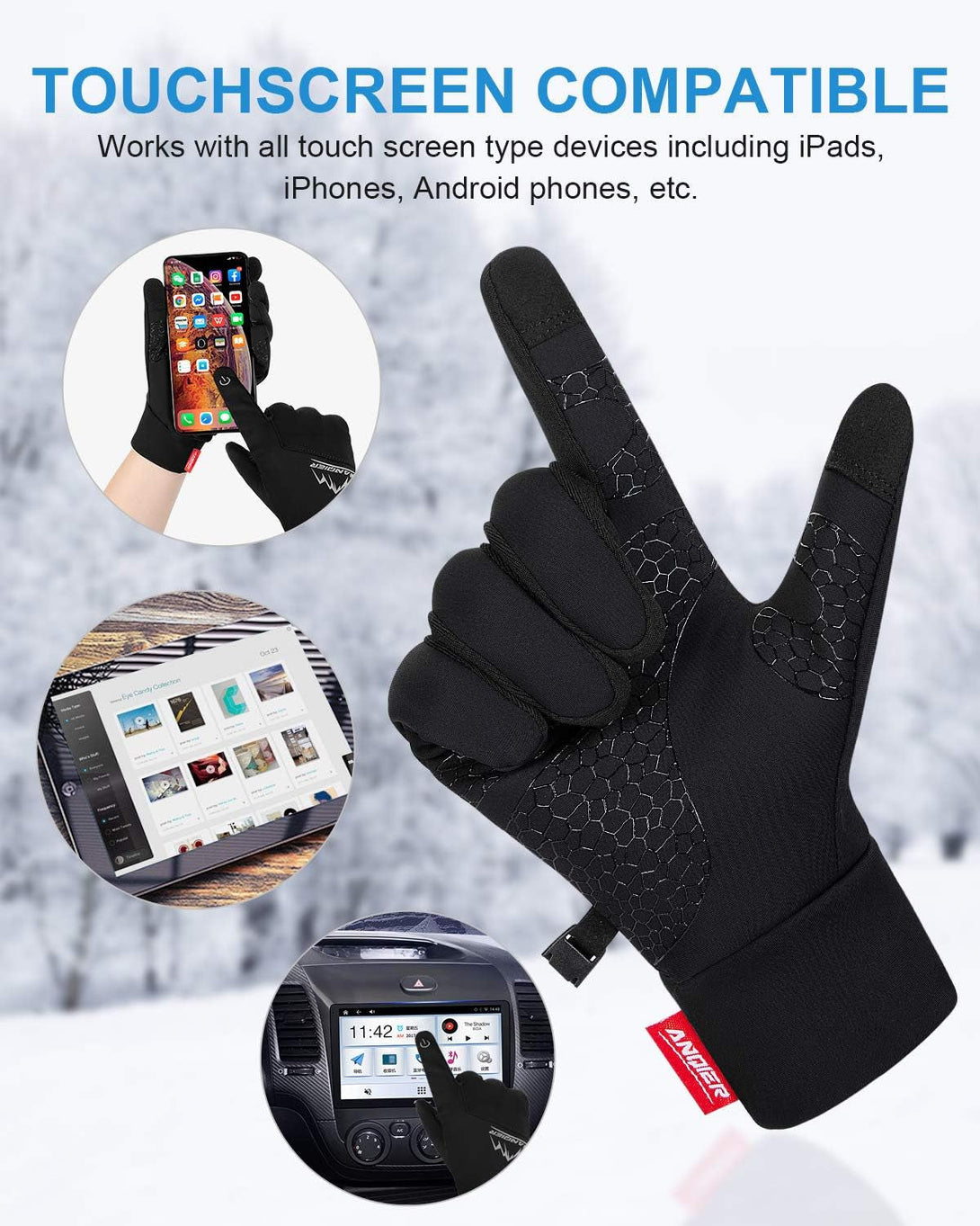 Anqier Winter Gloves, Windproof Warm Touchscreen Gloves Men Women for Cycling Running Outdoor Activities
